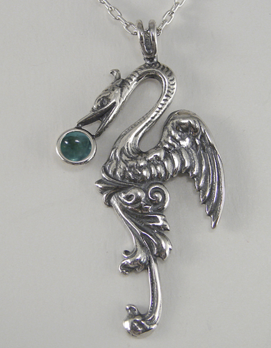 Sterling Silver Medieval Phoenix Sun Bird Pendant With Fluorite
